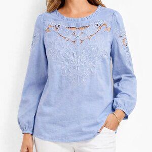 Talbots French Blue Floral Boho Chic Embroidered Cutout Coastal Top [size M]